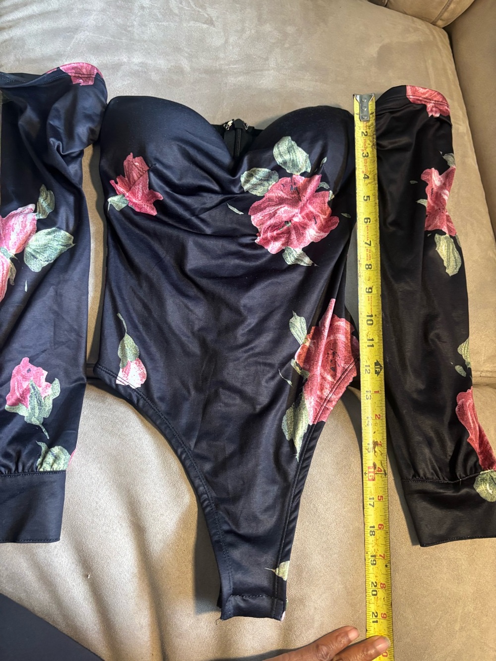 JLUXLABEL Size S Black Rose Floral Satin Bustier Bodysuit with Detachable Sleeve